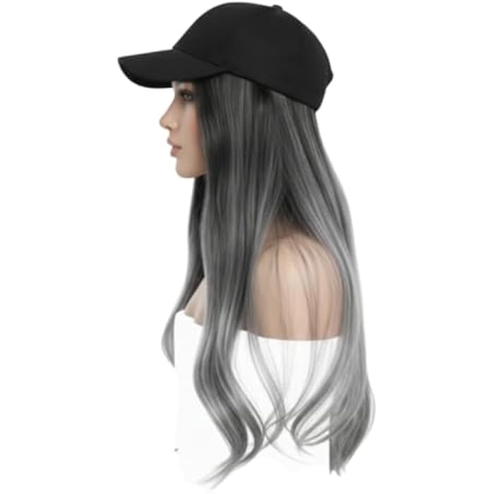 Baseball Cap with Long Wig, Ombre Gray, Synthetic Ombre Hair, Black and White - Image 2